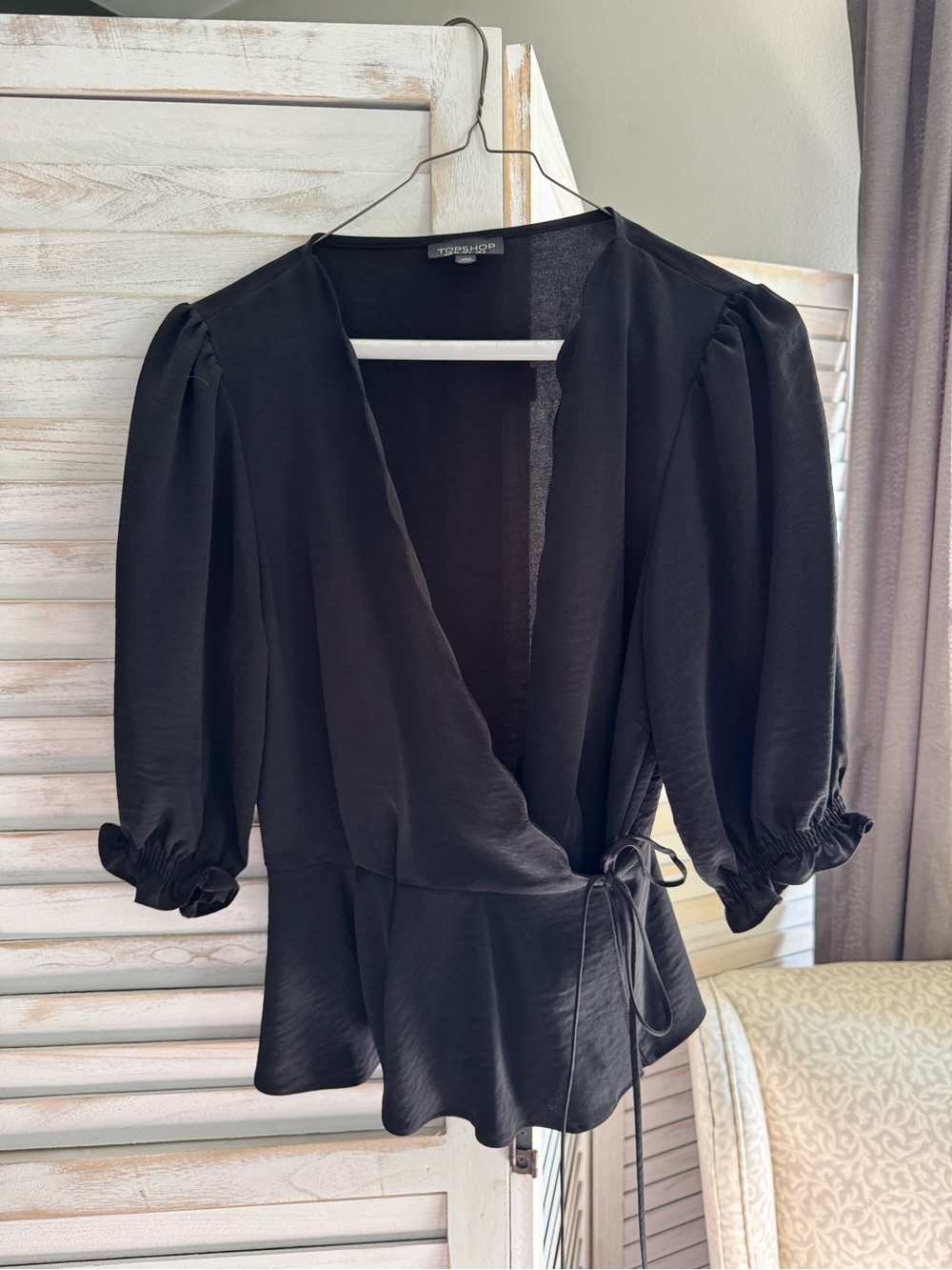 Topshop Black Wrap Top with Puff Sleeves